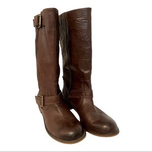Gianni Bini mid-calf boots. Brown leather with buckle accents.